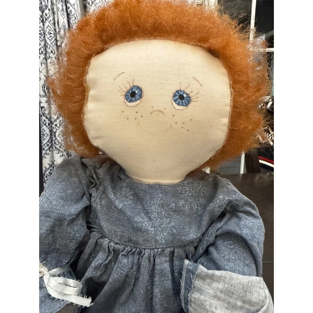 Handmade Cloth Rag Doll Red Hair Blue‎ Eyes Blue Floral Prairie Dress 23 Inch